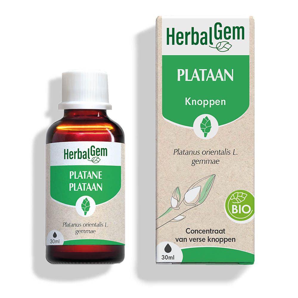 Flacon et boîte. Flacon avec "HerbalGem PLATANE Knopen". Boîte avec logo "BIO".