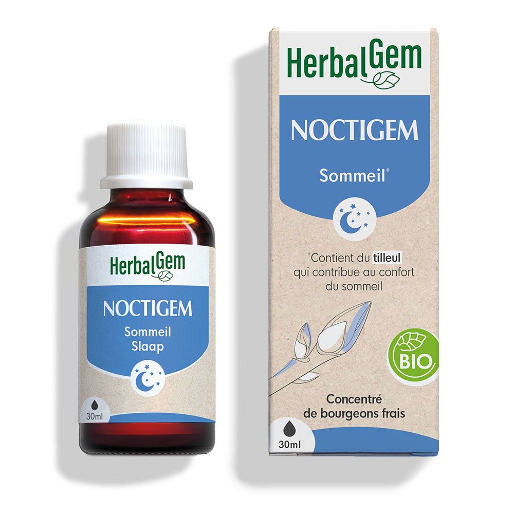 Fläschchen mit Flüssigkeit. Aufschrift: Noctigem Sommeil. Mit Verpackung, Aufschrift: HerbalGem, BIO.