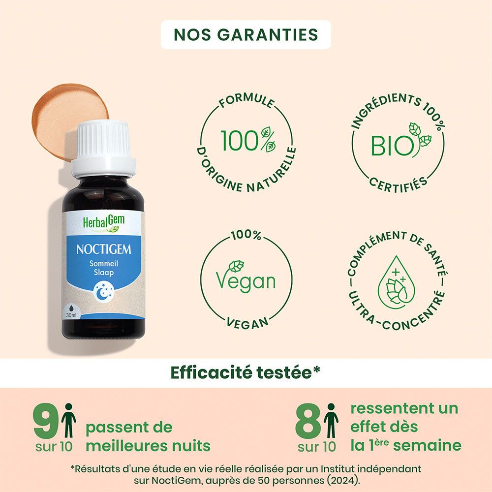 Fläschchen Noctigem. 100% natürliche Inhaltsstoffe. Vegan. Bio-Zertifizierung. Ultra-konzentriert.