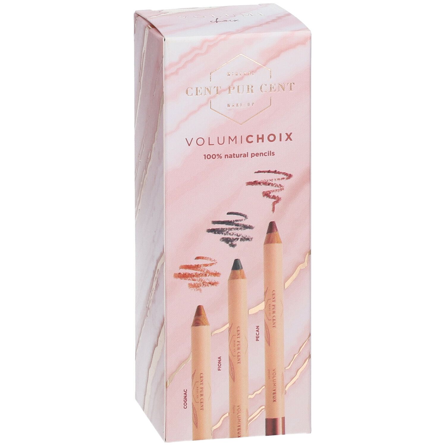 Emballage de CENT PUR CENT Volumichoix. Quatre crayons avec traits de couleur. Emballage rose et blanc avec motif marbré et nom.