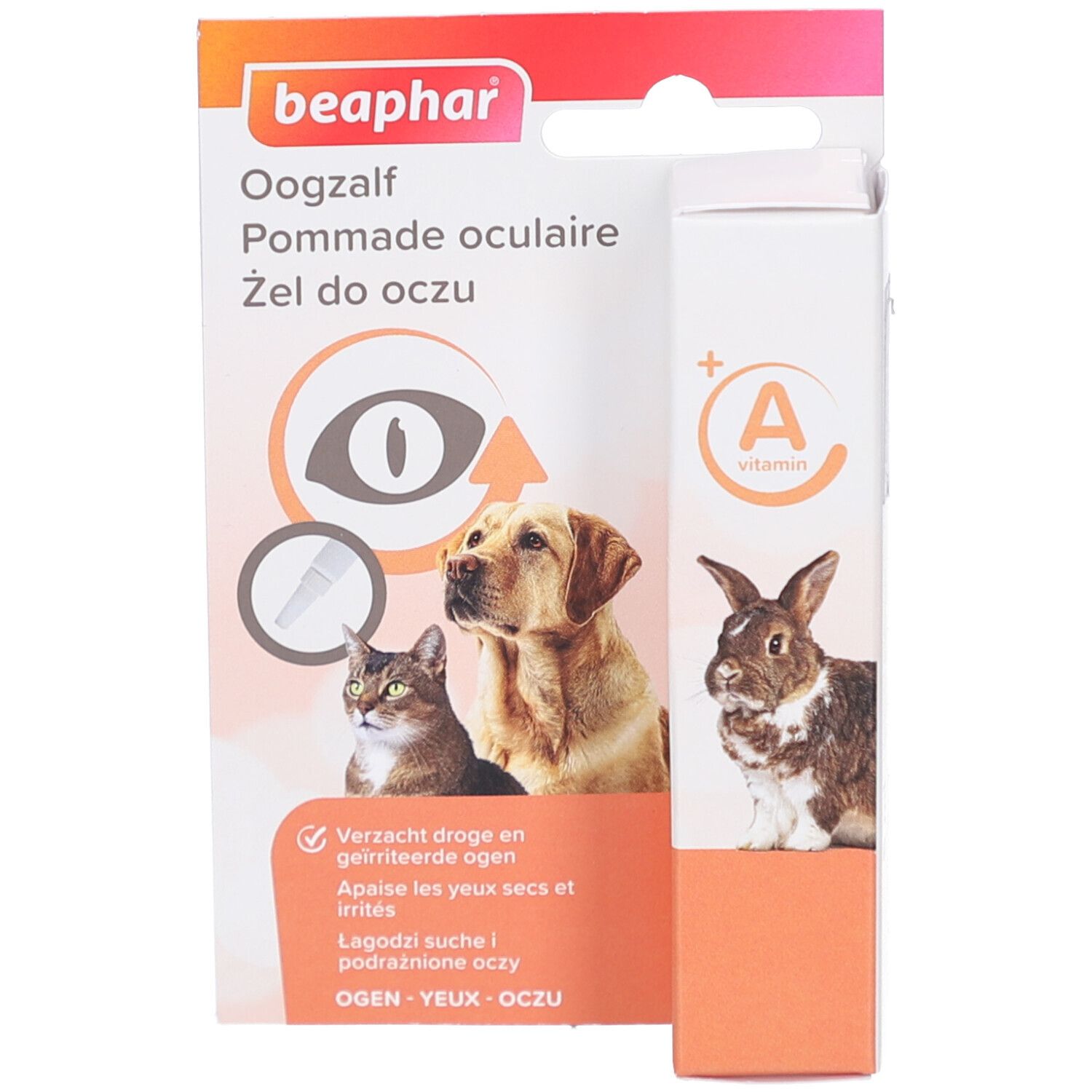 Beaphar® Oogzalf-Packung. Enthält eine Tube mit Augensalbe und eine Schachtel mit Produktinformationen und Illustrationen von Tieren.