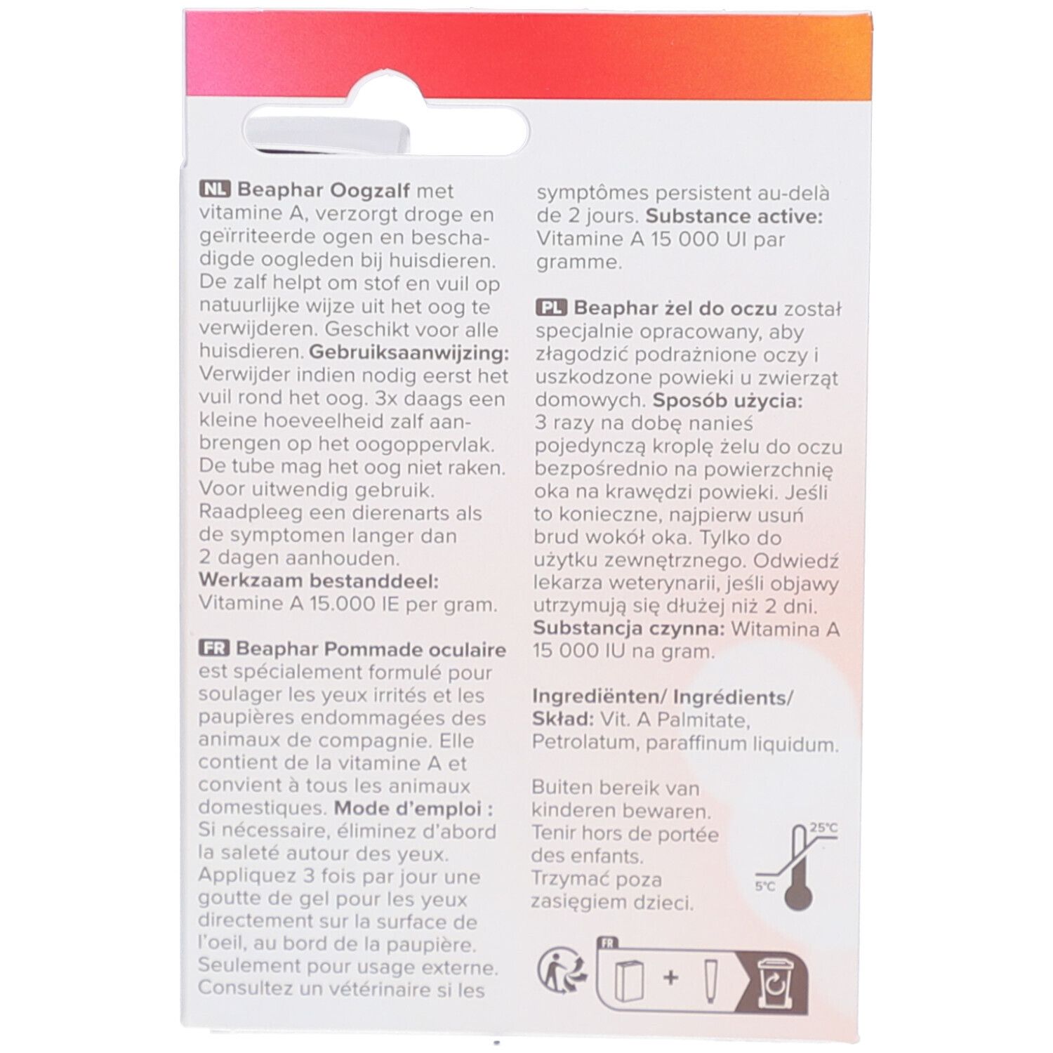 Rückseite der Beaphar® Oogzalf-Verpackung. Enthält Produktinformationen in mehreren Sprachen, einschließlich Inhaltsstoffe und Anwendung.