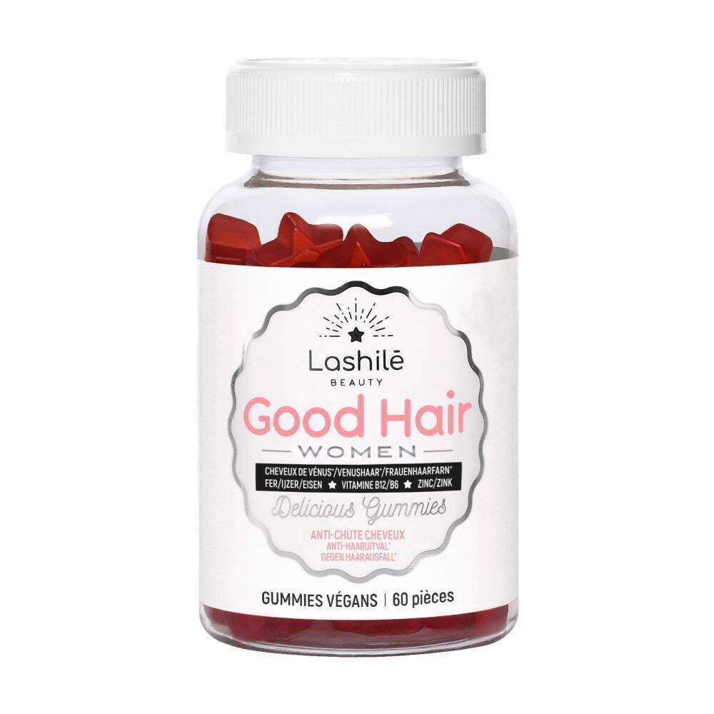 Flacon transparent de gummies rouges. Étiquette avec informations produit et marque Lashilé Beauty.