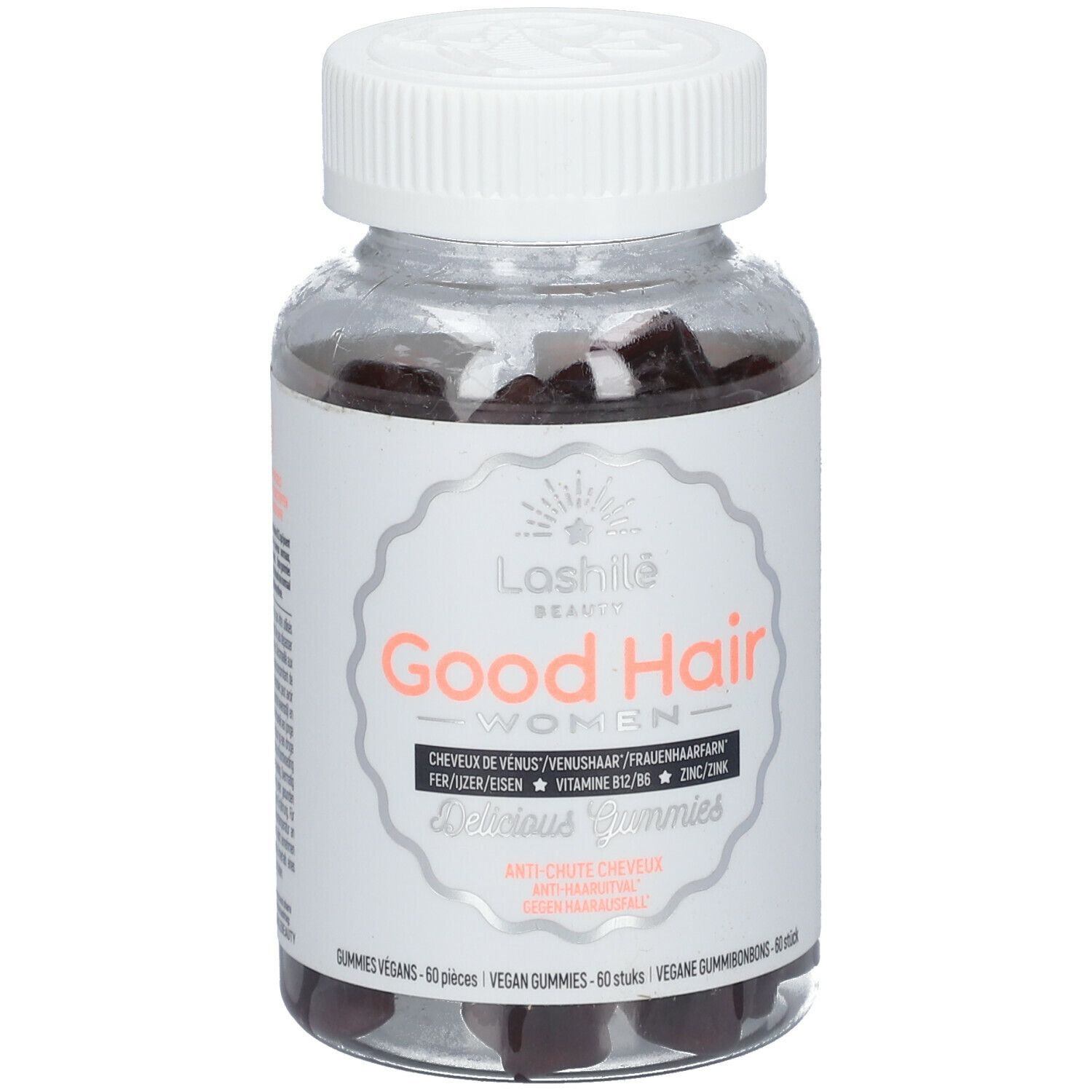 Flacon transparent de gummies bruns. Étiquette avec informations produit et marque Lashilé Beauty.