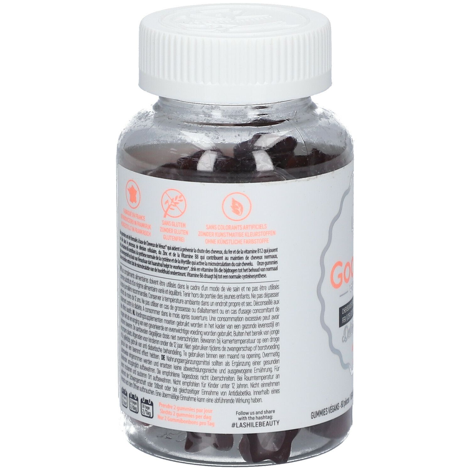 Dos du flacon avec informations produit et texte. Contient des informations sur les ingrédients et la valeur nutritionnelle.