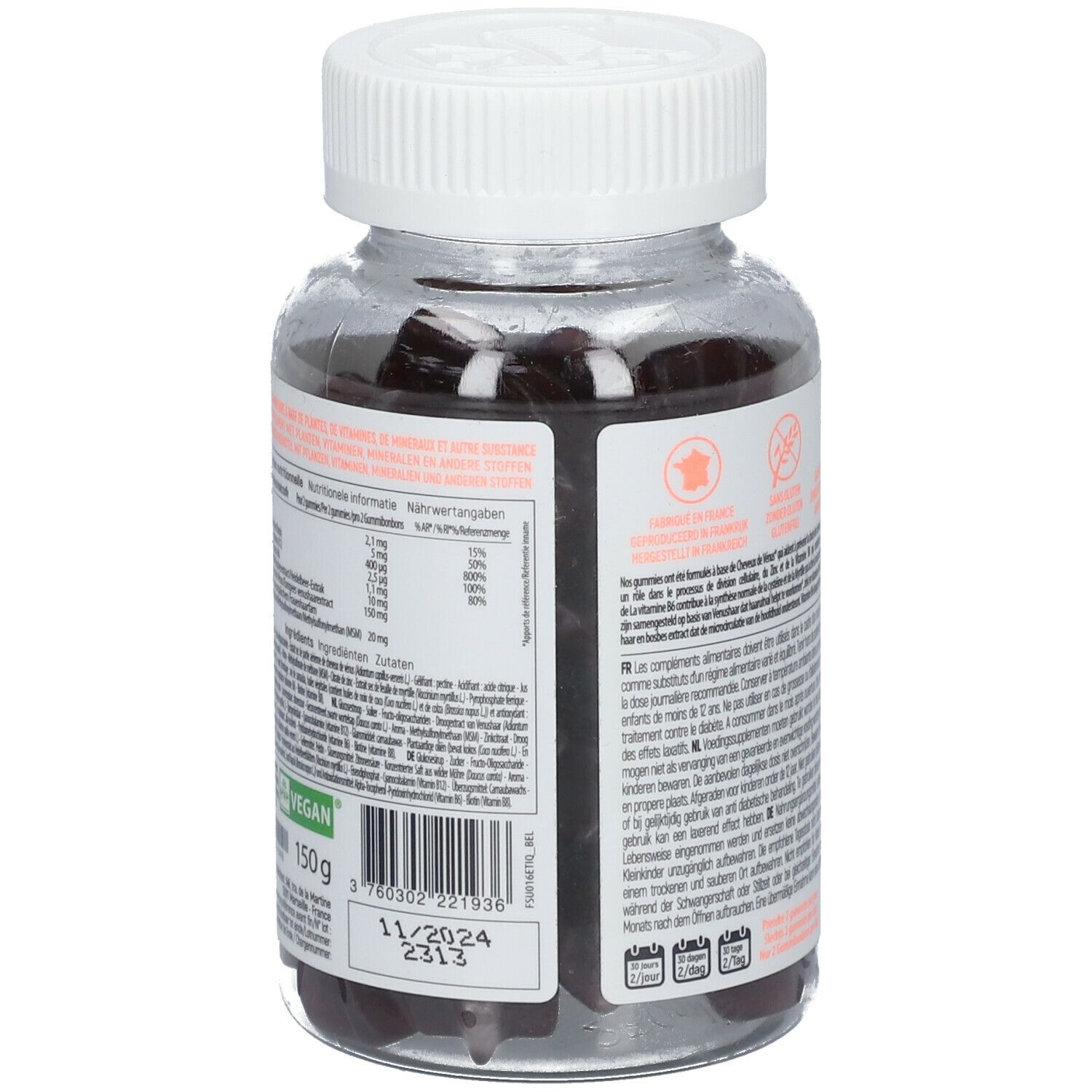 Dos du flacon avec informations produit et texte. Contient des informations sur les ingrédients et la valeur nutritionnelle.