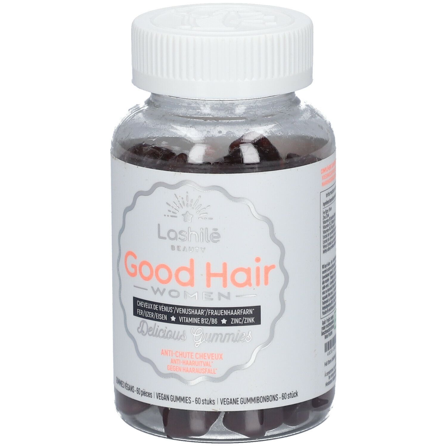 Flacon transparent de gummies bruns. Étiquette avec informations produit et marque Lashilé Beauty.