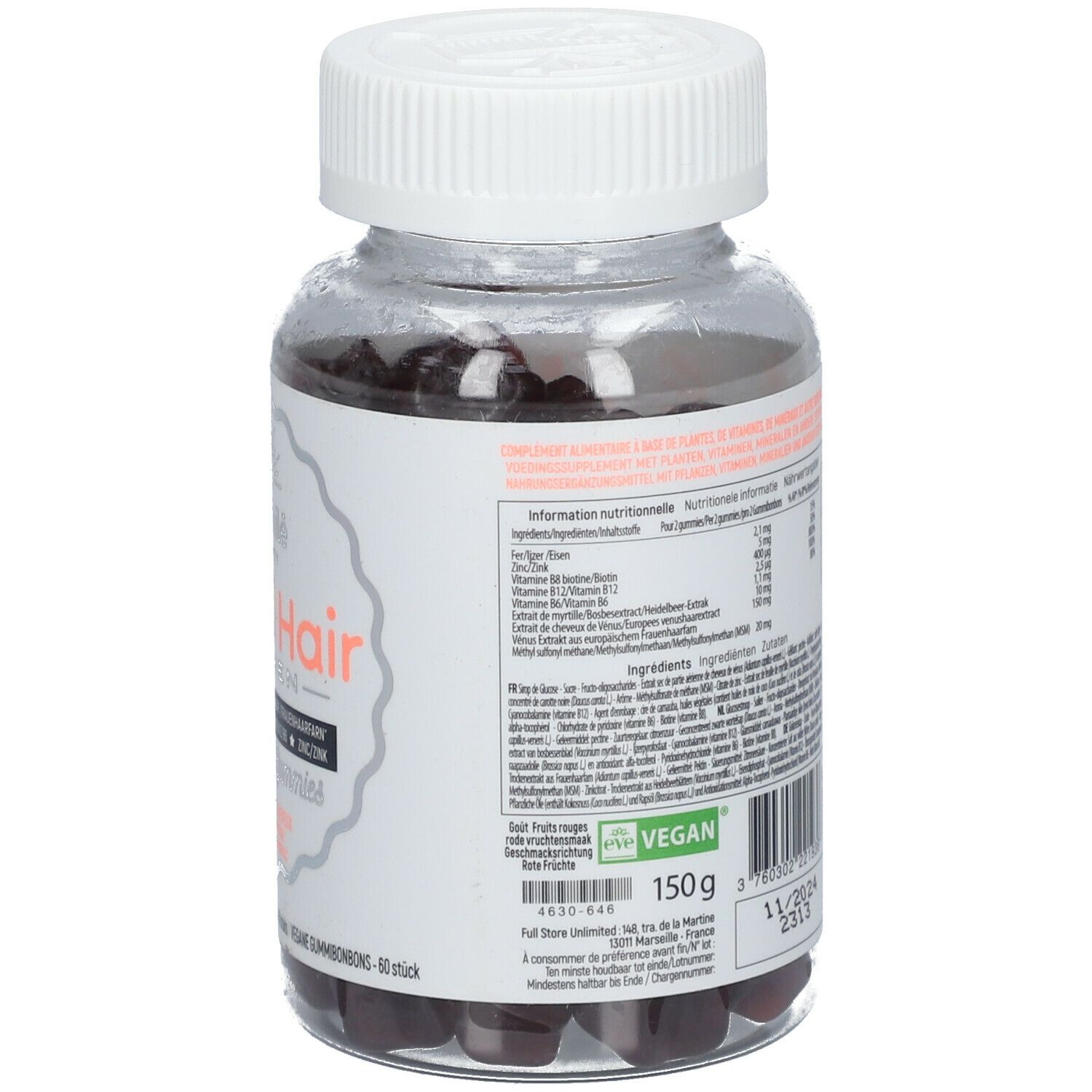 Dos du flacon avec informations produit et texte. Contient des informations sur les ingrédients et la valeur nutritionnelle.