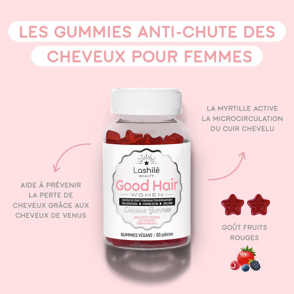 Visuel produit avec gummies et texte. Contient des informations sur le produit et ses bienfaits.