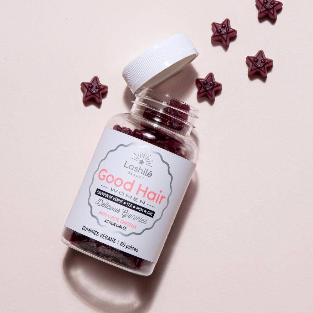 Visuel produit avec flacon ouvert et gummies. Gummies en forme d'étoile.