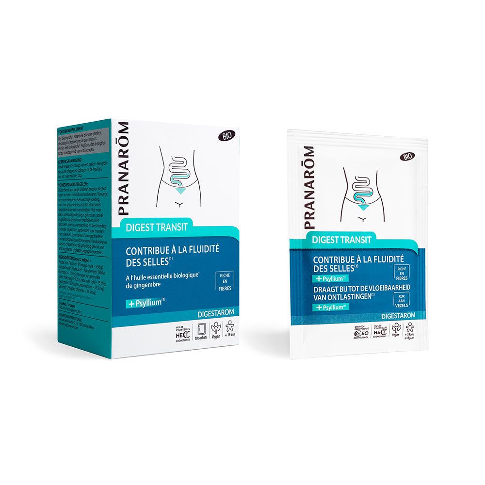 Verpackung und Beutel mit Produkt. Aufschrift: DIGESTAROM DIGEST TRANSIT. Enthält Psyllium. Marke PRANARÔM.