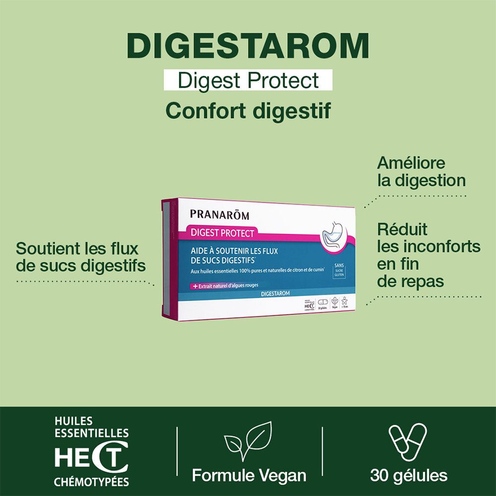 Emballage du produit avec texte. PRANARÔM DIGESTAROM Digest Protect. Confort digestif. Vegan. 30 gélules. Certification HECT.