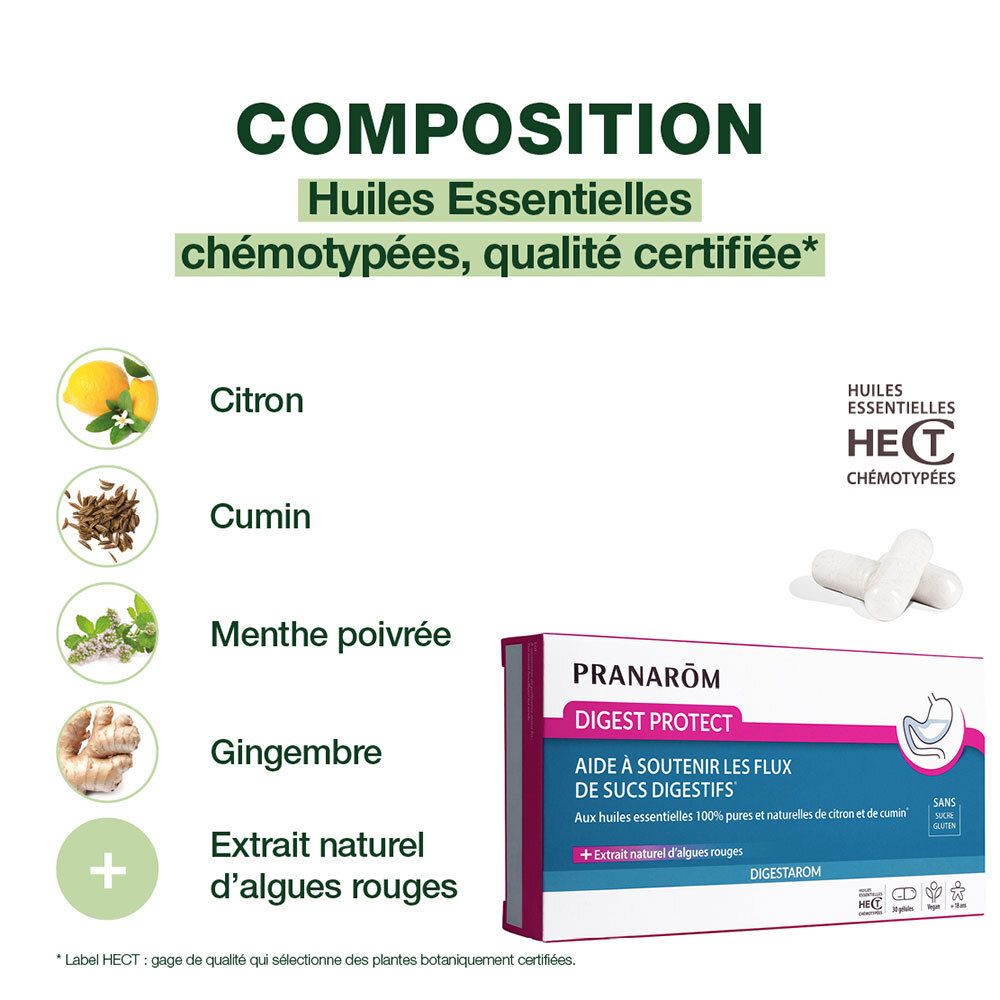 Liste des ingrédients. Huiles essentielles: citron, cumin, menthe poivrée, gingembre. Extrait d'algues rouges. Certification HECT.