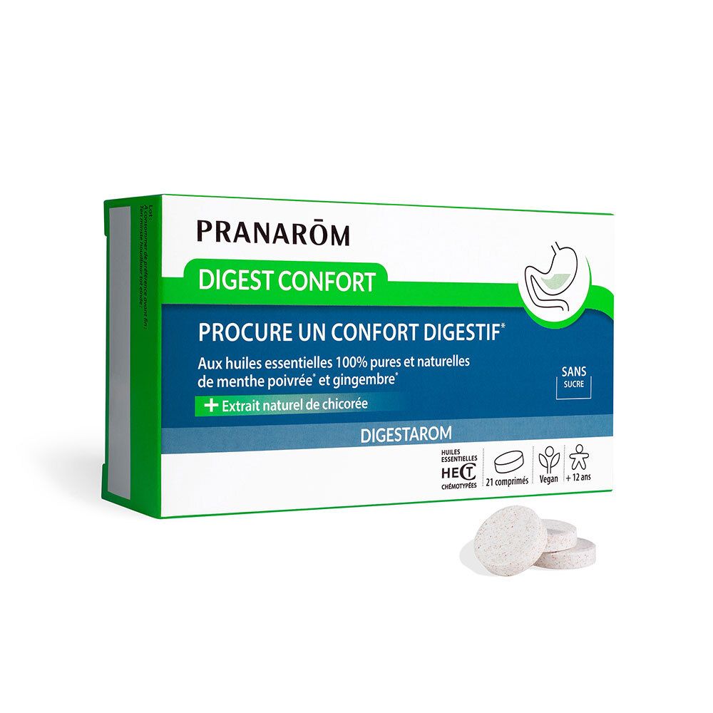 Schachtel mit Tabletten. Marke PRANARÔM, Produktname DIGEST CONFORT. 21 Tabletten, vegan, +12 Jahre. Mit Pfefferminz- und Ingweröl.