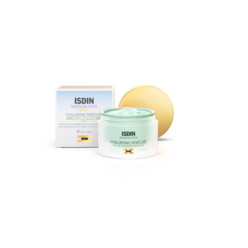 Creme-Tiegel und Verpackung mit Produktnamen ISDIN Isdinceutics Hyaluronic Moisture. Offener Tiegel, goldfarbener Deckel.