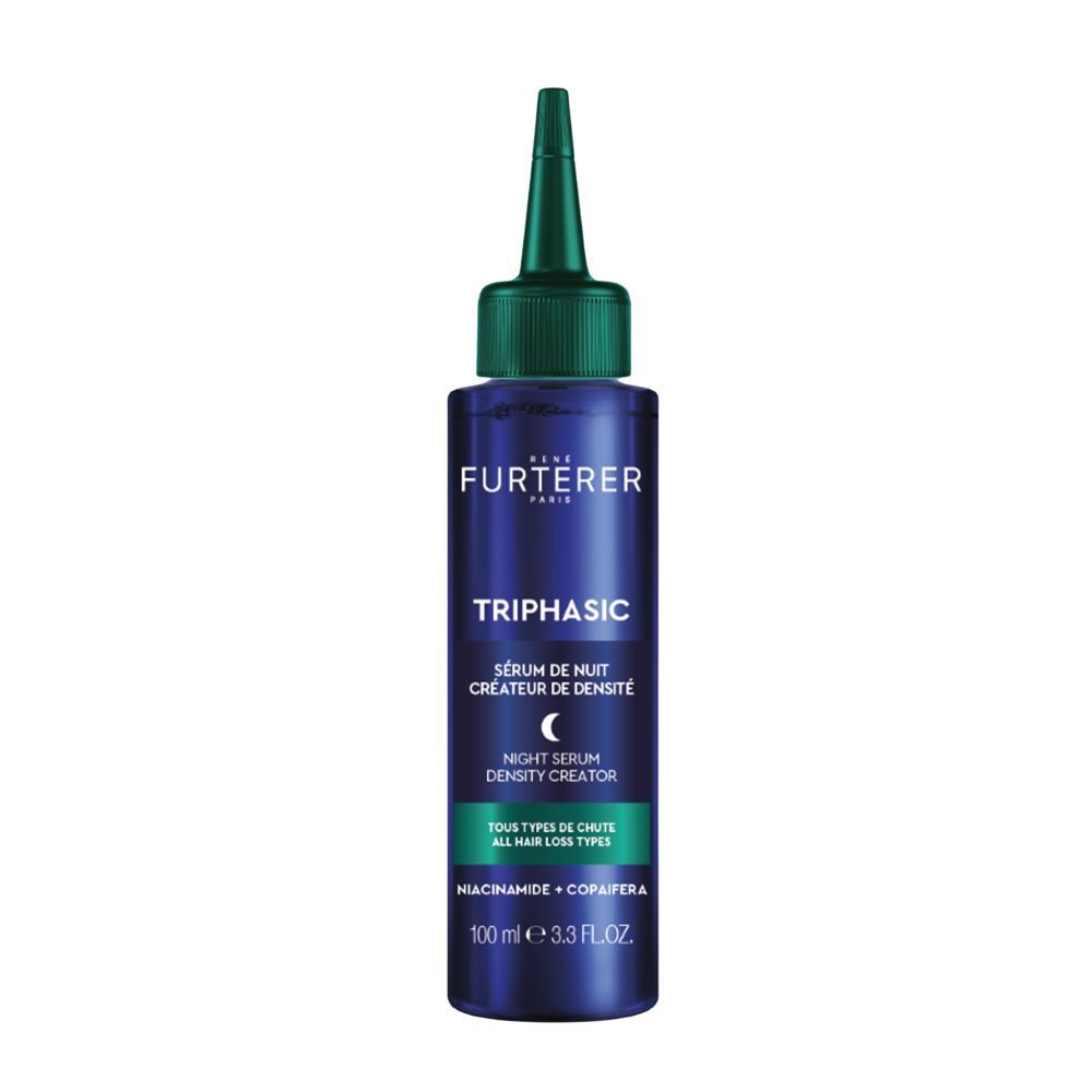 Dunkelblaue Flasche mit grünem Applikator. René Furterer Triphasic Nachtserum, 100 ml.