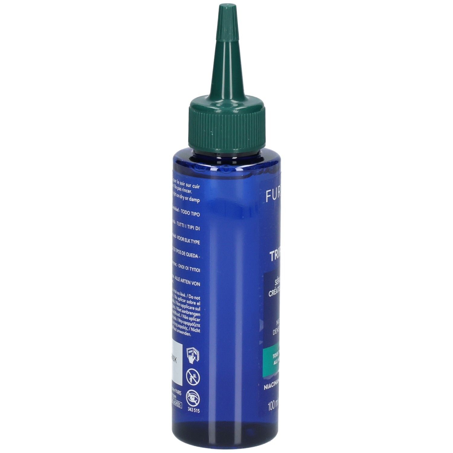Blaue Flasche mit grünem Applikatoraufsatz, 100ml.