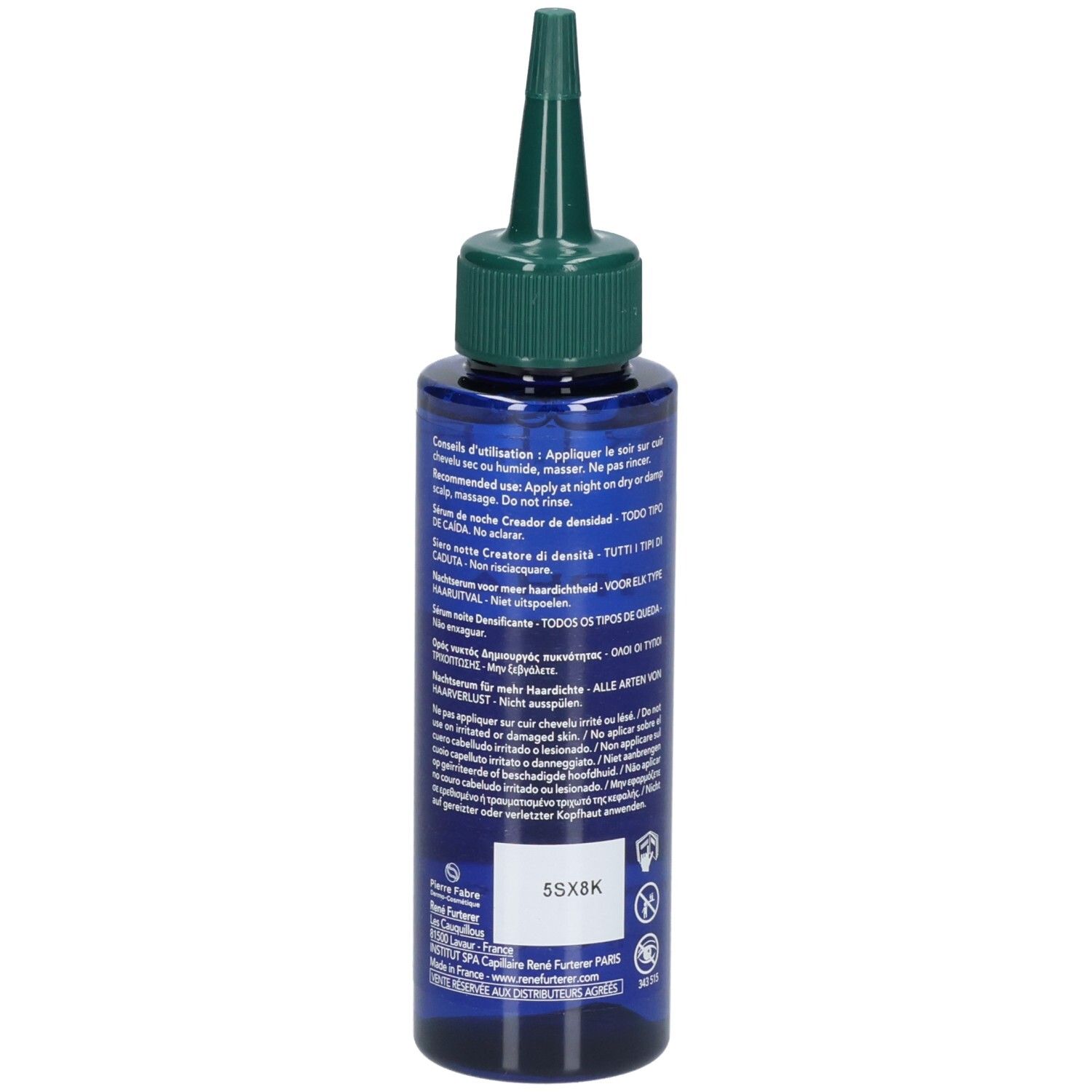 Dunkelblaue Flasche mit grünem Applikatoraufsatz. Enthält Textinformationen.