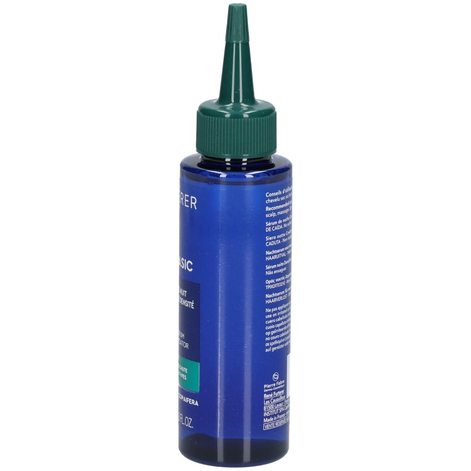 Blaue Flasche mit grünem Applikatoraufsatz, enthält Haarserum.