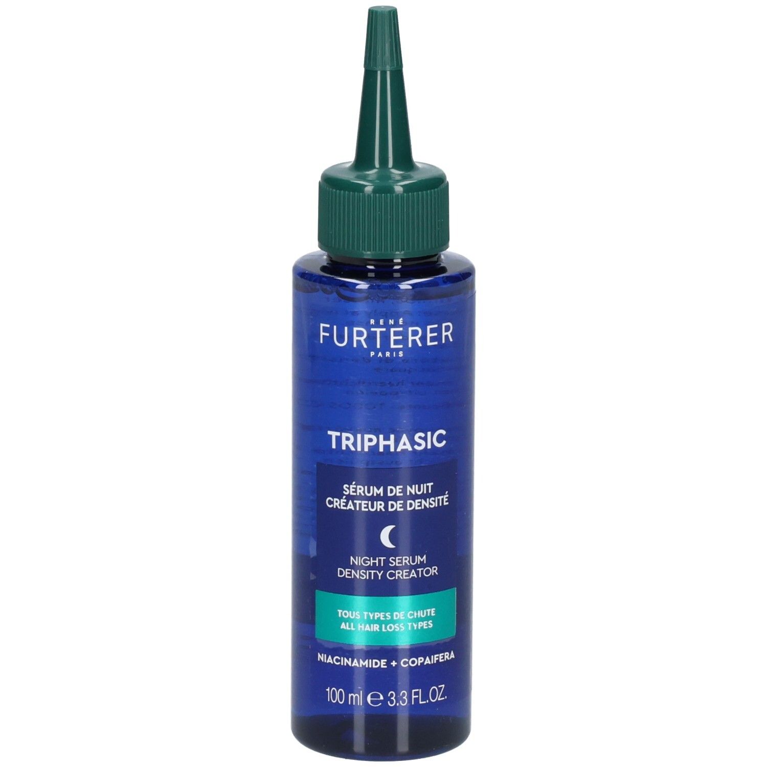Rene Furterer Triphasic Nachtserum für Dichte, 100 ml Flasche mit grünem Applikator.
