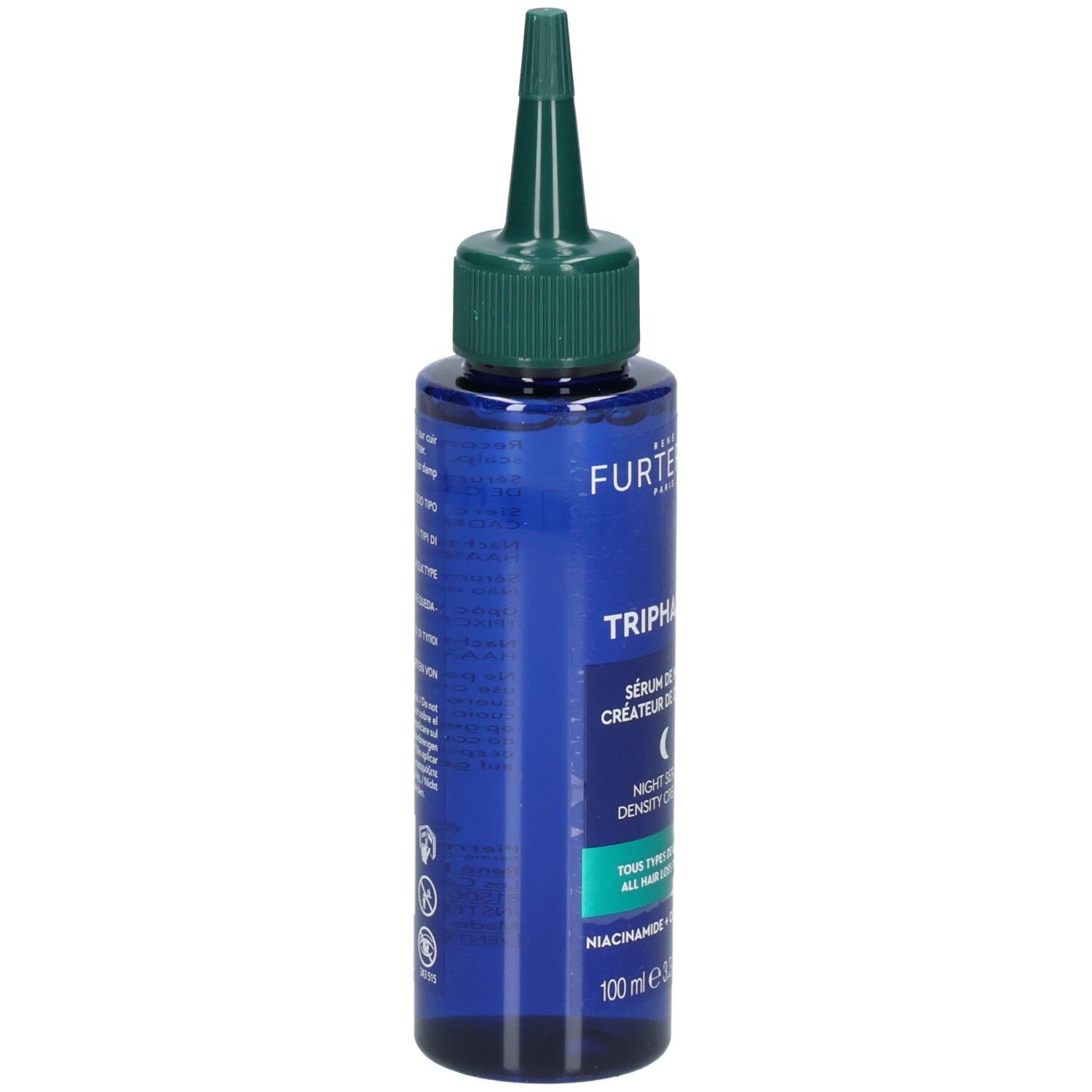 Blaue Flasche mit grünem Applikator. Haardichteserum, 100 ml.