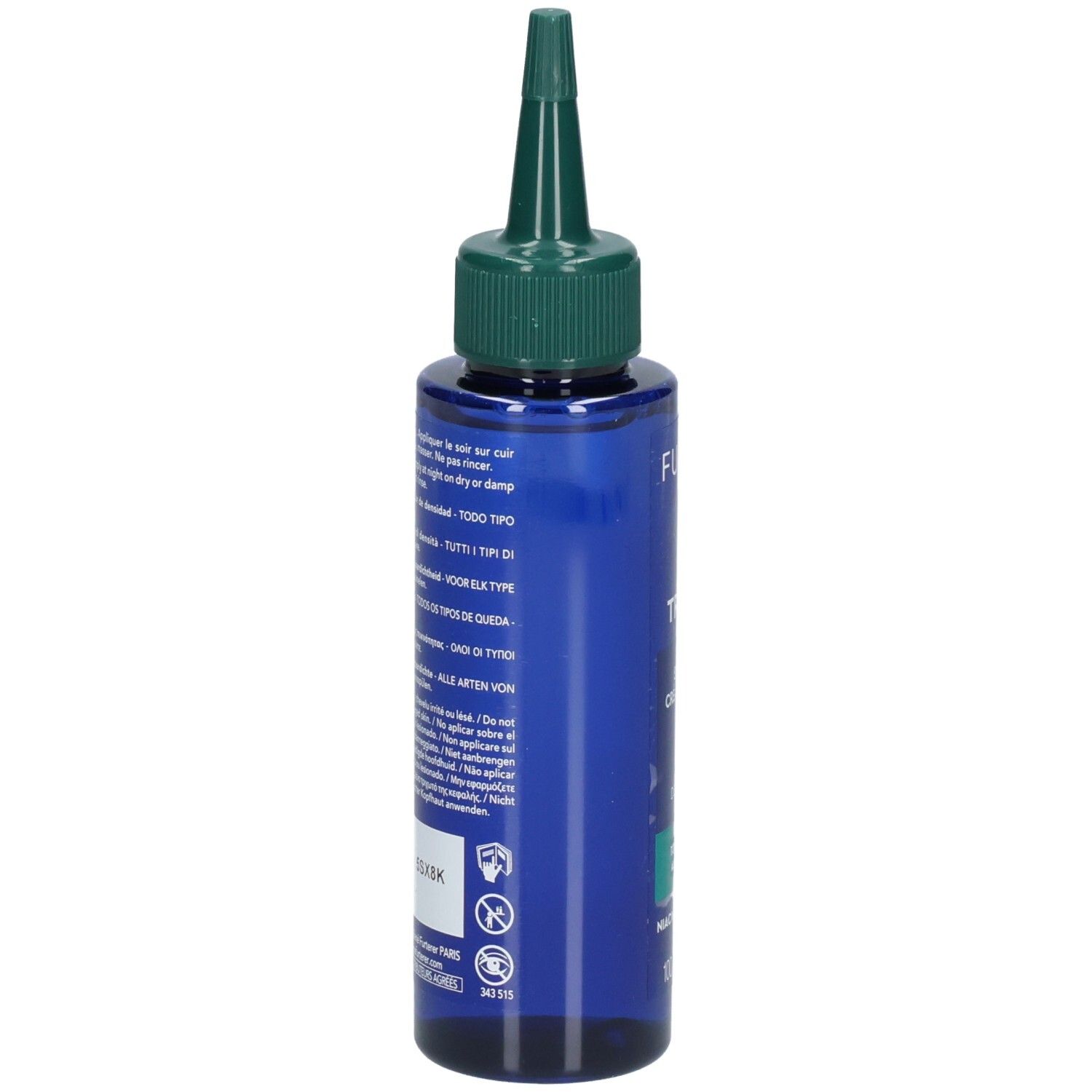 Blaue Flasche mit grünem Applikatoraufsatz und Etikett mit Text.