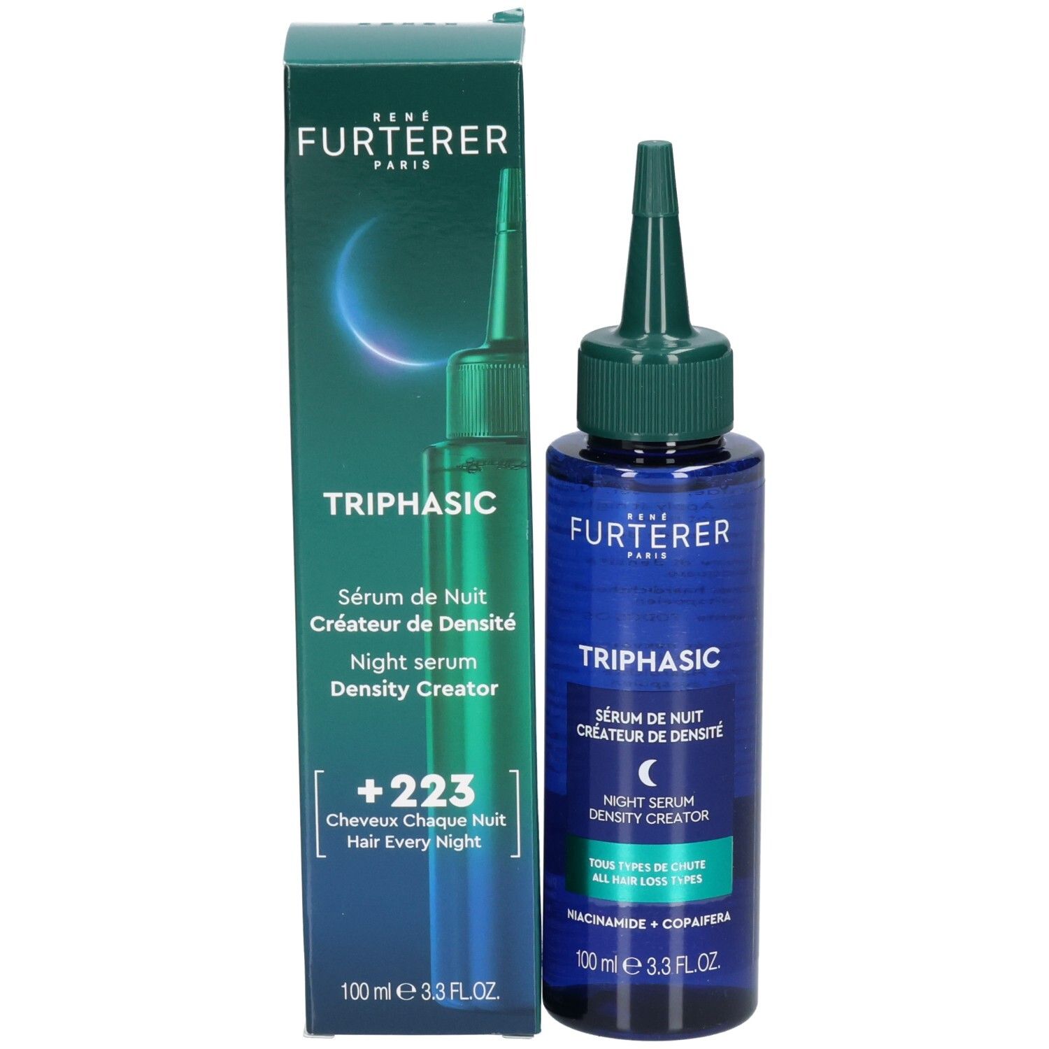 René Furterer Triphasic Nachtserum für Dichte, 100ml Flasche und Karton.