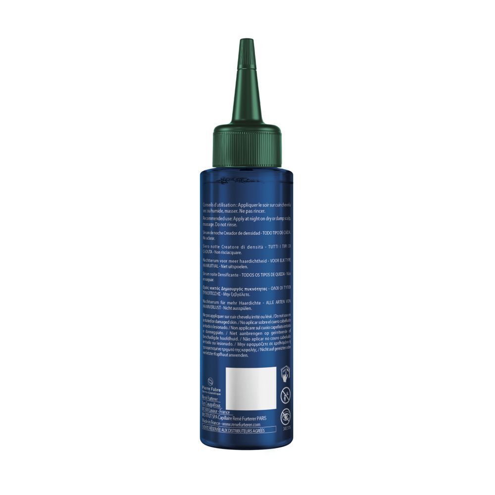 Dunkelblaue Flasche mit grünem Applikatoraufsatz und Etikett mit Anweisungen.