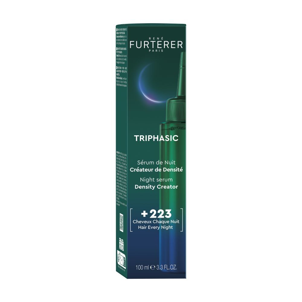 René Furterer Triphasic Nachtserum für Dichte, 100ml. Dunkelgrüne Verpackung mit silbernem Halbmond-Logo.