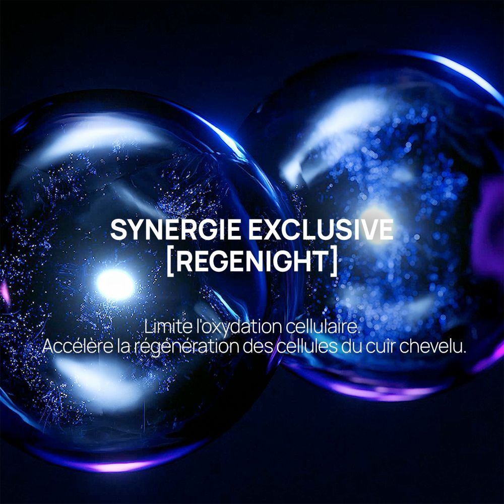 Zwei blaue, glatte Kugeln mit leuchtenden Partikeln im Inneren. Text: SYNERGIE EXCLUSIVE [REGENIGHT].