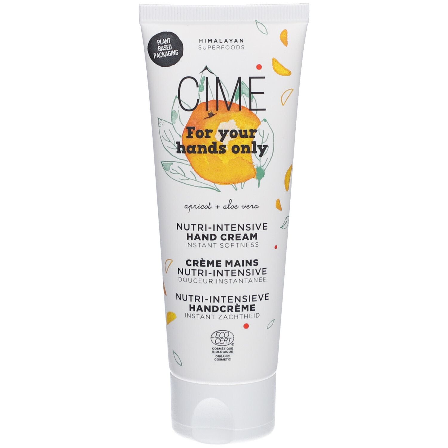 Cîme Handcreme-Tube. Weiß, mit Logo und Produktbezeichnung. Aufdruck: "For your hands only". Mit Aprikose und Aloe Vera.