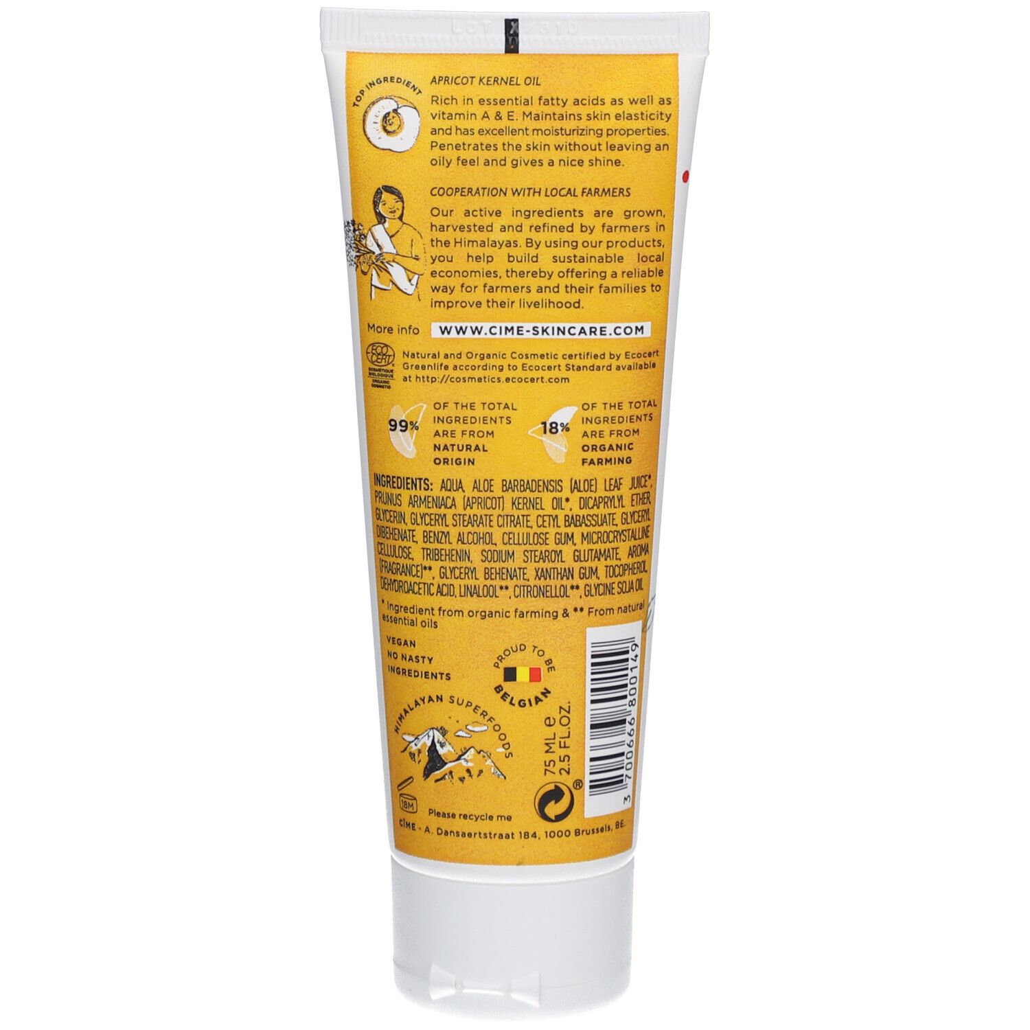 Rückseite der Cîme Handcreme-Tube. Gelber Hintergrund mit Text. Enthält Inhaltsstoffe und Informationen über die Marke und Herkunft.