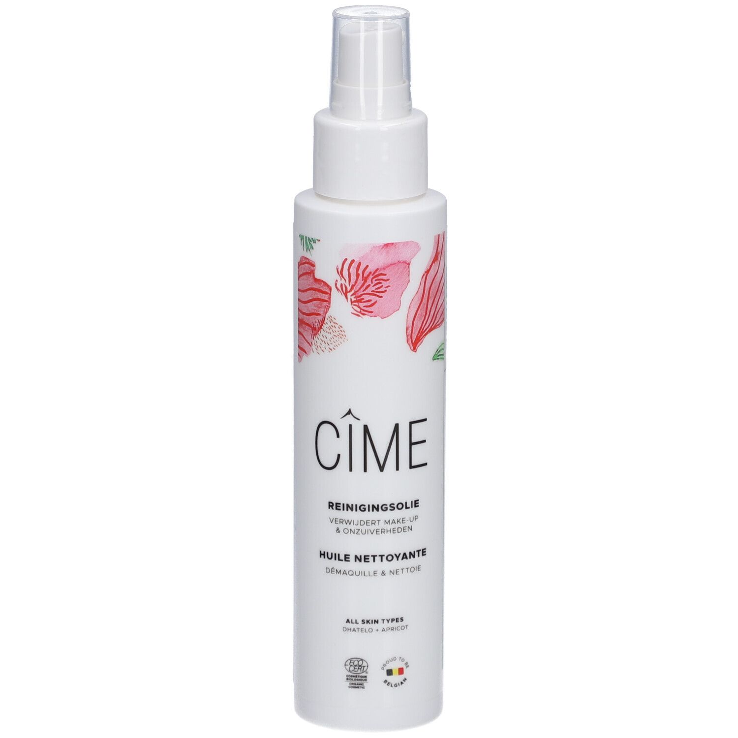 Weiße Flasche mit Sprühkopf. Aufschrift Cîme, Reinigungsöl, Huile nettoyante. Mit Blumenmuster und Logo.