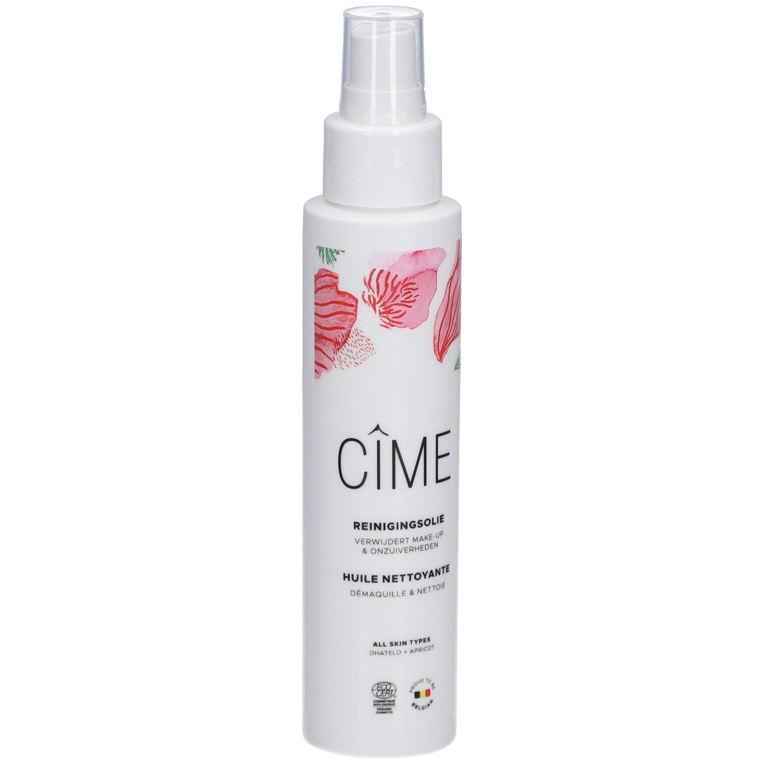Weiße Flasche mit Sprühkopf. Aufschrift Cîme, Reinigungsöl, Huile nettoyante. Mit Blumenmuster und Logo.