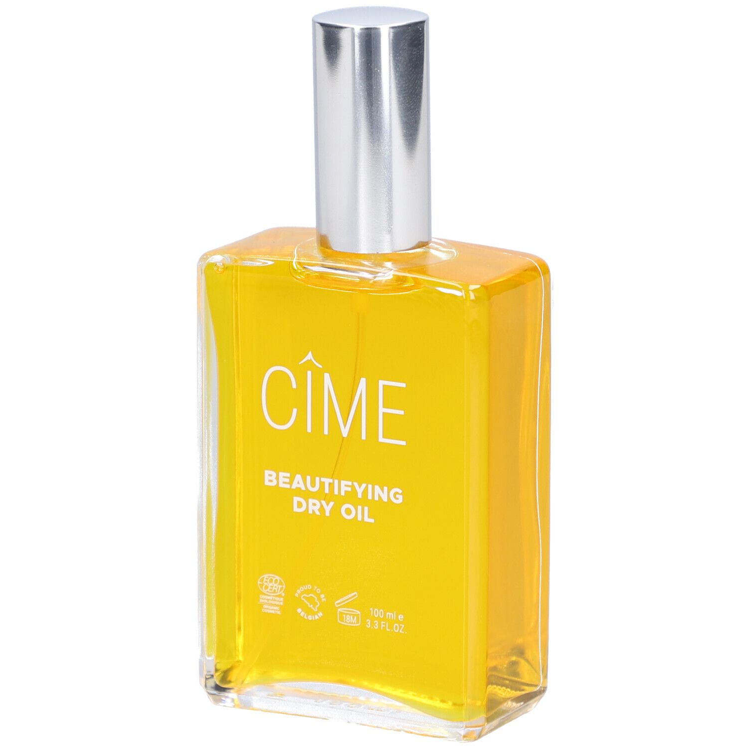 Glasflasche mit gelbem Öl, silbernem Sprühkopf und weißem Etikett mit Text. Das Produkt ist von Cîme.