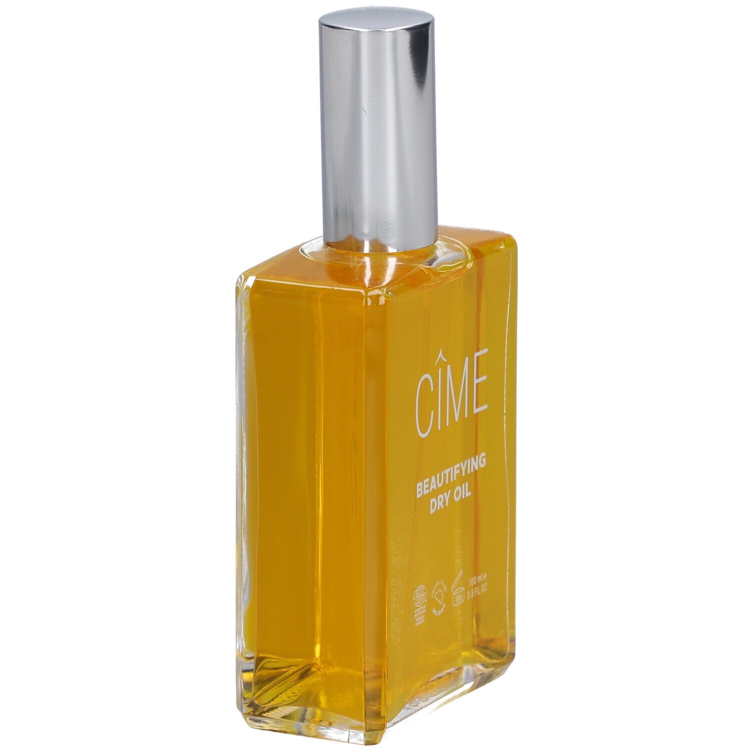 Glasflasche mit gelbem Öl, silbernem Sprühkopf. Das Produkt ist von Cîme.
