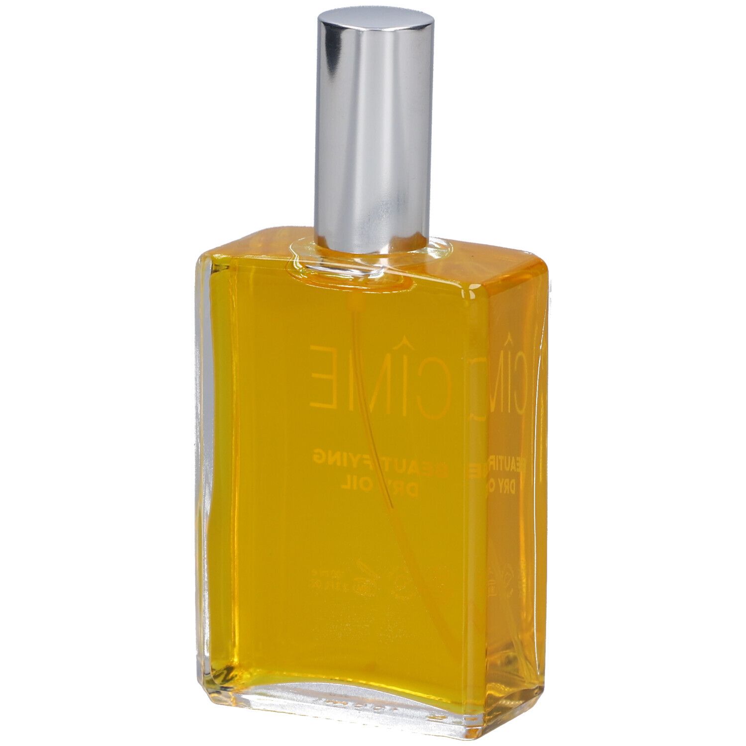 Glasflasche mit gelbem Öl, silbernem Sprühkopf. Auf dem Etikett steht Cîme.
