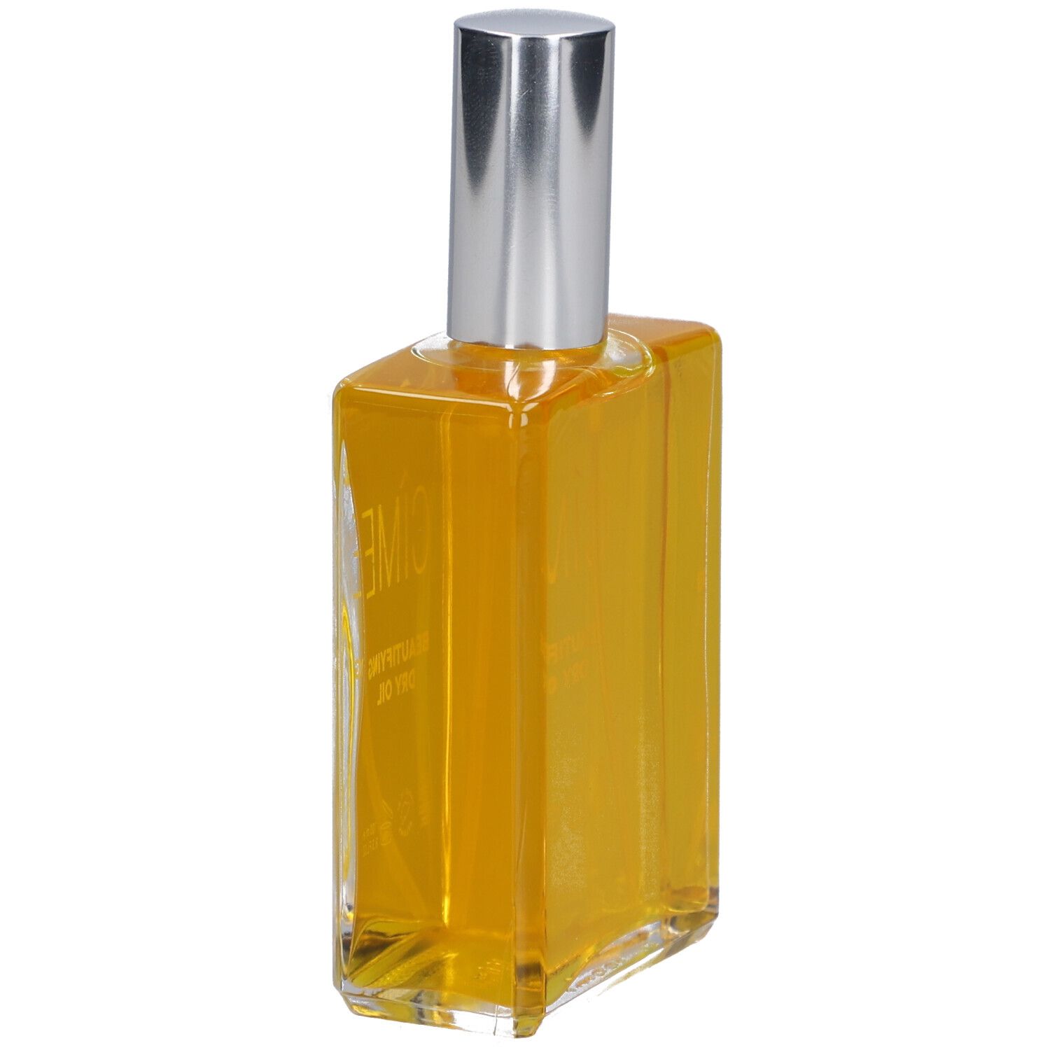 Glasflasche mit gelbem Öl, silbernem Sprühkopf. Das Produkt ist von Cîme.