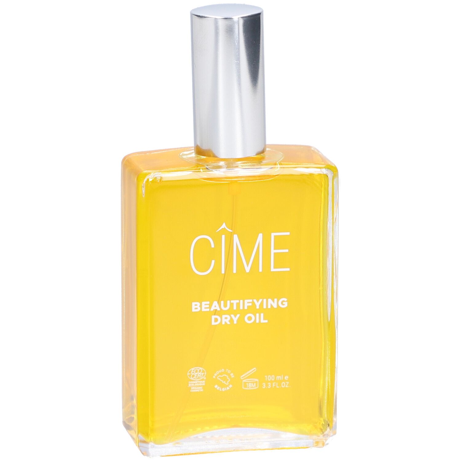 Glasflasche mit gelbem Öl, silbernem Sprühkopf und weißem Etikett mit Text. Das Produkt ist von Cîme.