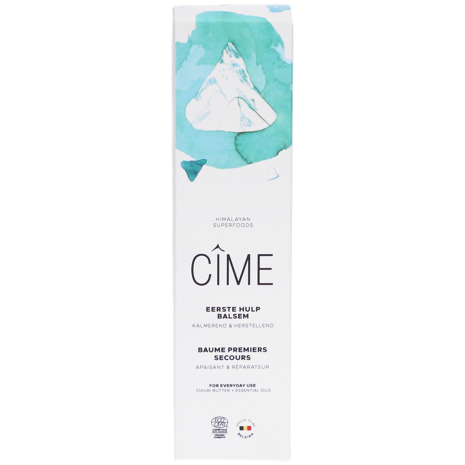 Weiße Schachtel mit blau-grünen Illustrationen. Text: Cîme, Erste Hulp Balsem, Baume Premiers Secours. Logo Ecocert.