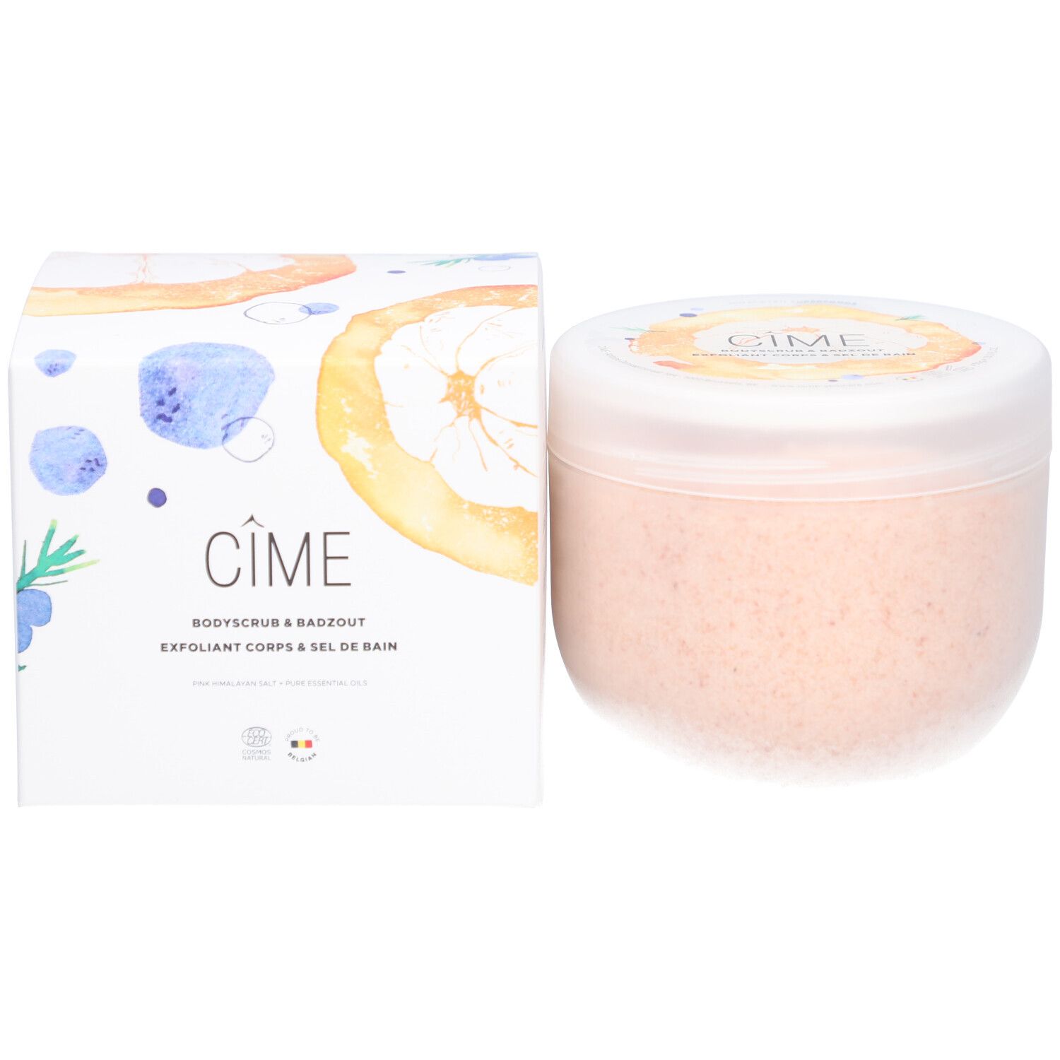 Produktverpackung und Behälter. Auf der Verpackung steht "Cîme". Der Behälter enthält ein rosa Produkt.