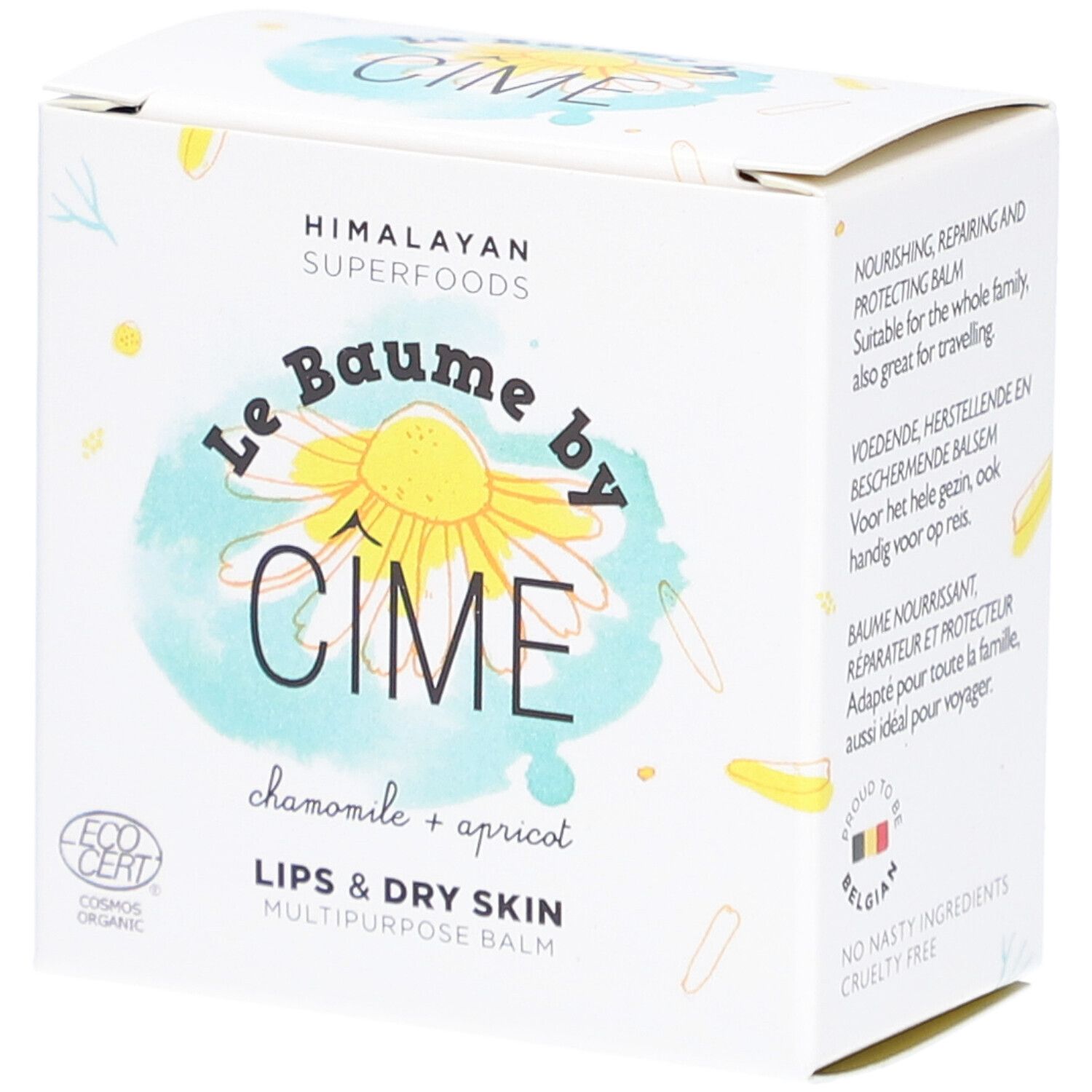 Kartonverpackung von Cîme Baume Lips & Dry Skin. Aufschrift: Le Baume by Cîme, Kamille + Aprikose, Lips & Dry Skin, Mehrzweckbalsam.