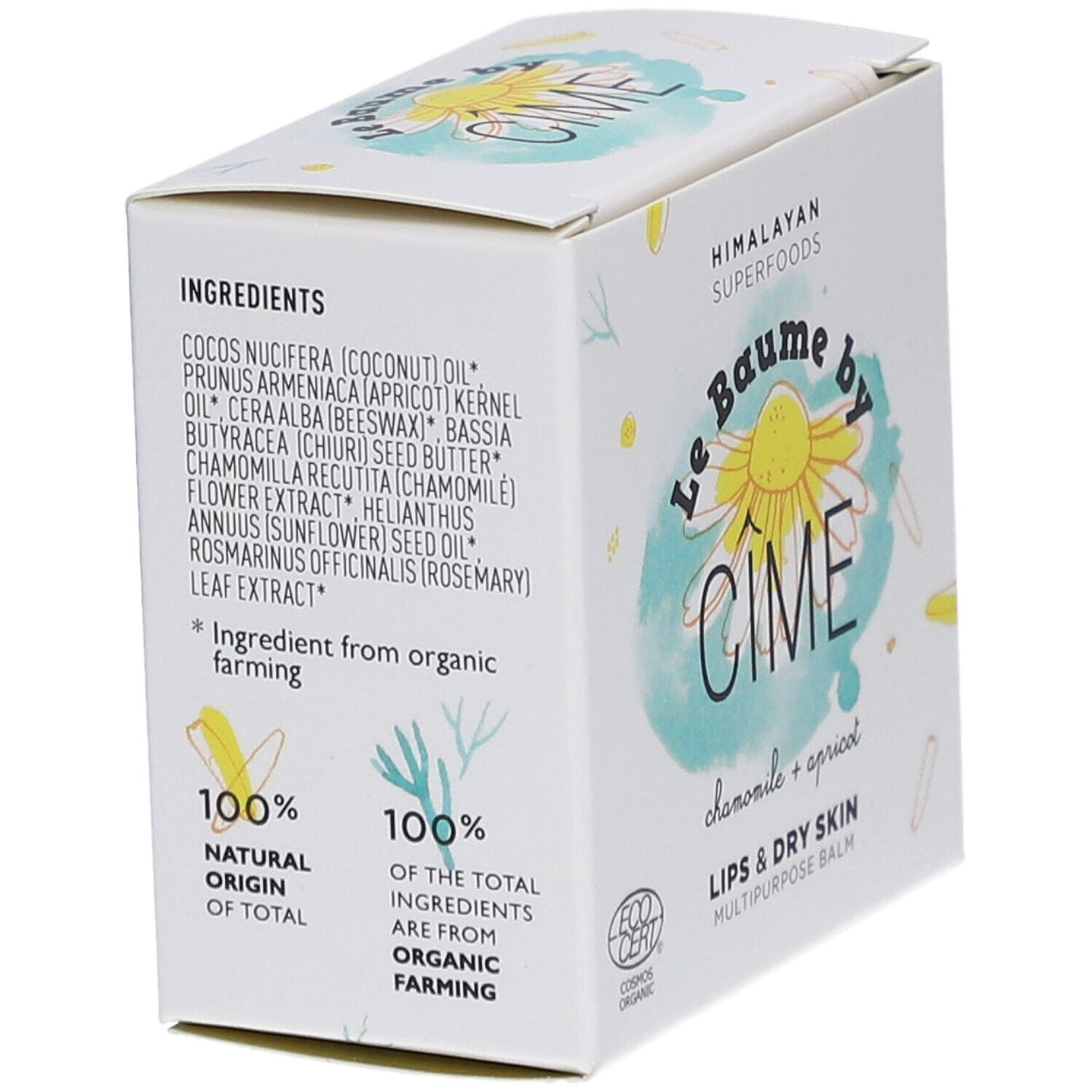 Rückseite der Cîme Baume Lips & Dry Skin Verpackung. Zutatenliste, 100% natürlicher Ursprung, 100% der Zutaten aus ökologischem Anbau.