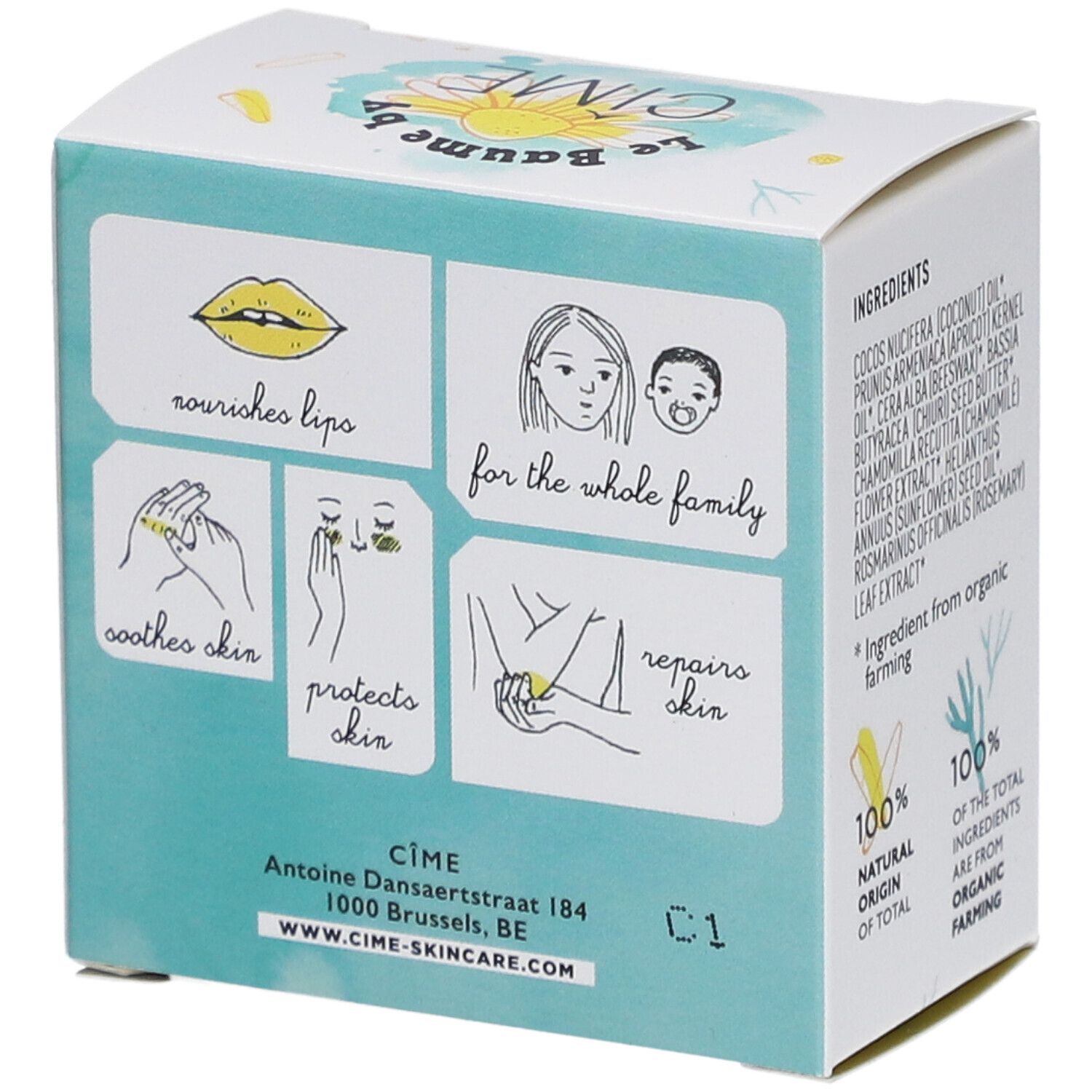 Rückseite der Cîme Baume Lips & Dry Skin Verpackung. Illustrationen: Lippen, Haut, Familie. Adresse: Cîme, Antoine Dansaertstraat 184, Brüssel.