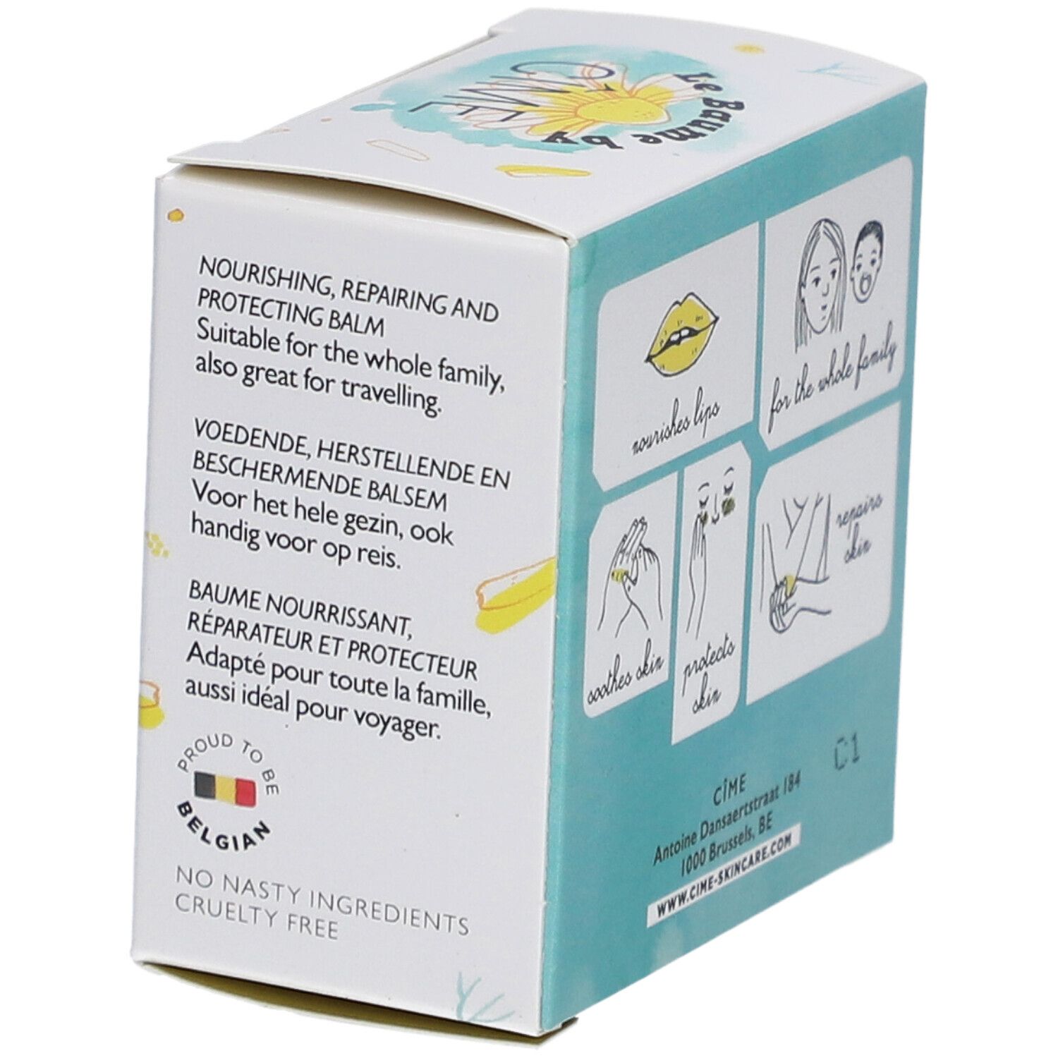 Seite der Cîme Baume Lips & Dry Skin Verpackung. Text: Nährend, reparierend, schützend. Geeignet für die ganze Familie. Belgisches Label.