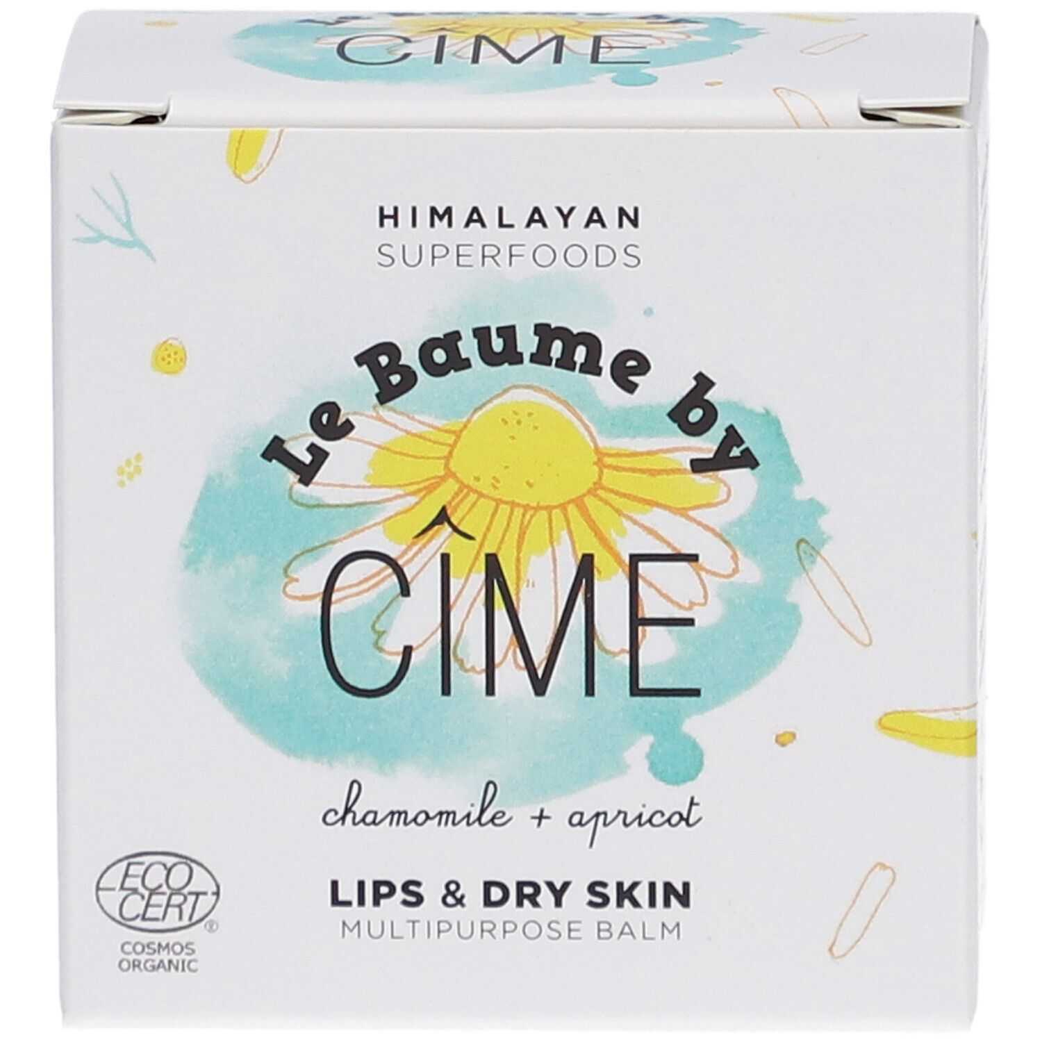 Cîme Baume Lips & Dry Skin Verpackung. Aufschrift: Le Baume by Cîme, Kamille + Aprikose, Lips & Dry Skin, Mehrzweckbalsam. ECOCERT-Logo.