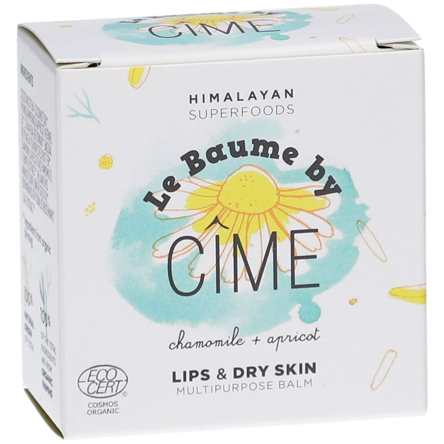 Cîme Baume Lips & Dry Skin Verpackung. Aufschrift: Le Baume by Cîme, Kamille + Aprikose, Lips & Dry Skin, Mehrzweckbalsam. ECOCERT-Logo.