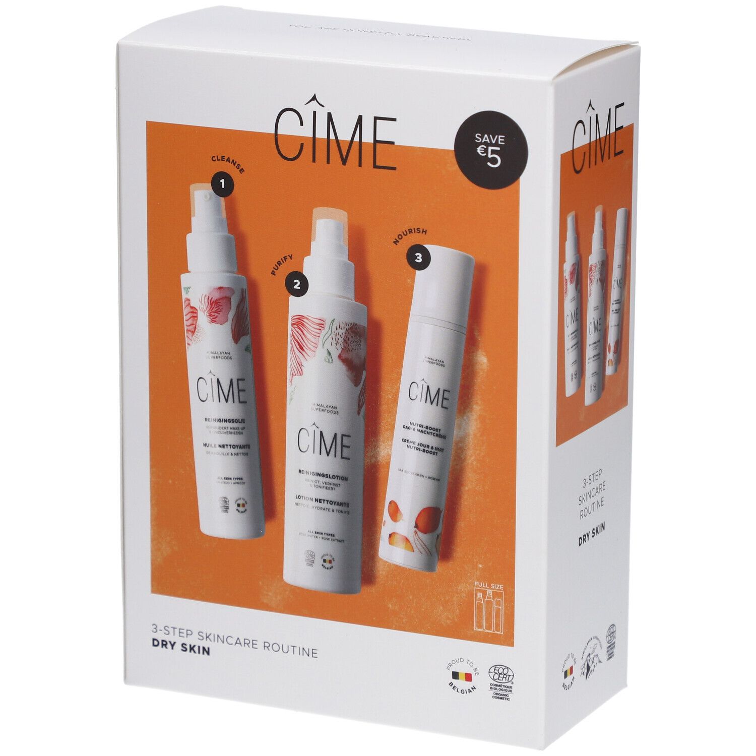 Boîte blanche avec trois produits. Inscription : Cîme, 3-Step Skincare Routine, Dry Skin. Autocollant : Save €5.