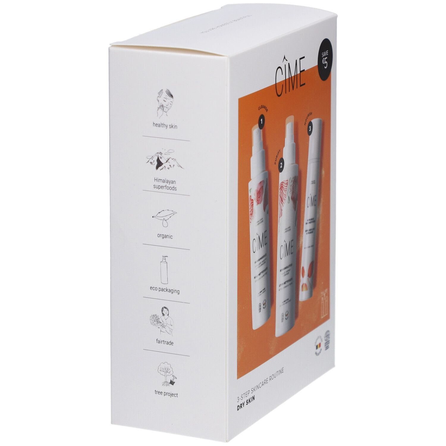 Emballage blanc avec fond orange. Inscription : Cîme, 3-Step Skincare Routine, Dry Skin. Logos et icônes.