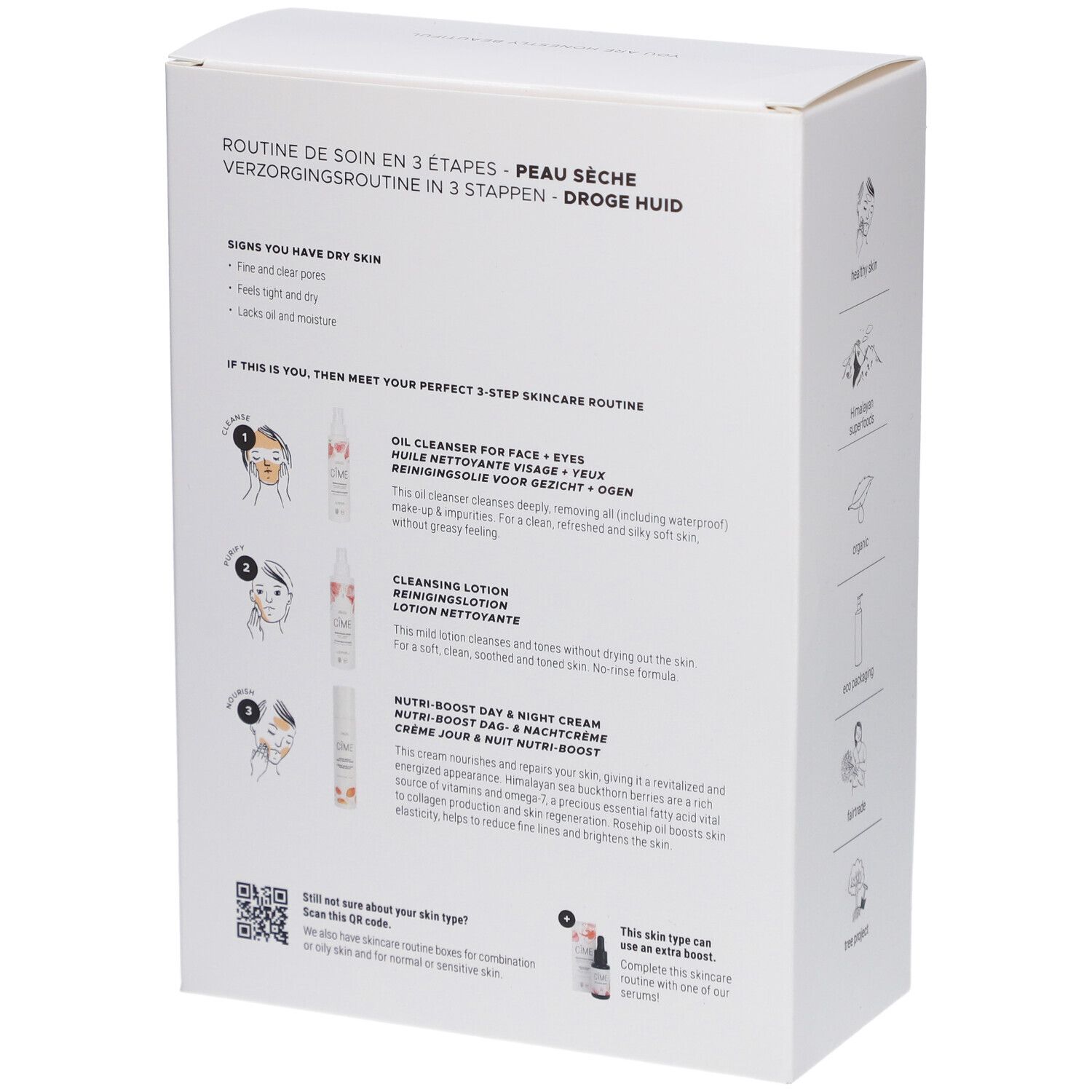 Dos de l'emballage. Texte multilingue : Routine de Soin en 3 étapes, 3-Step Skincare Routine, Droge Huid.